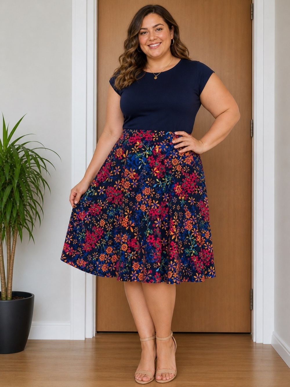 LuLaRoe Navy A-Line Skirt with Bright Floral Print. Size-2XL Vintage Inspired